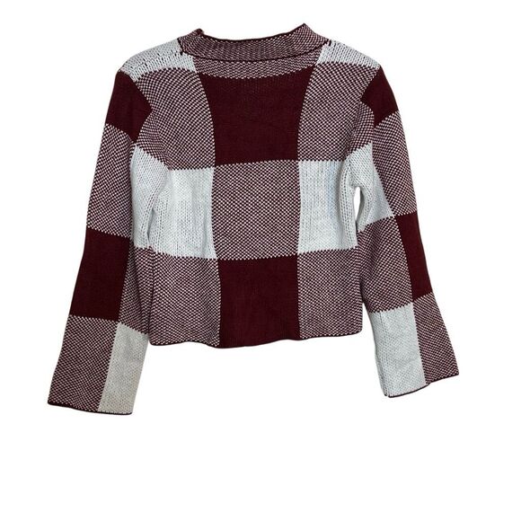 SHEIN Checkered Mock Neck Cropped Pullover Sweater Burgundy White Medium - Picture 10 of 10